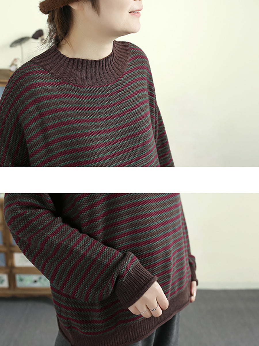 Women Autumn Artsy Stripe Half-Turtleneck Cotton Sweater