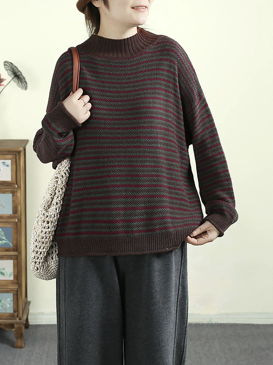 Women Autumn Artsy Stripe Half-Turtleneck Cotton Sweater