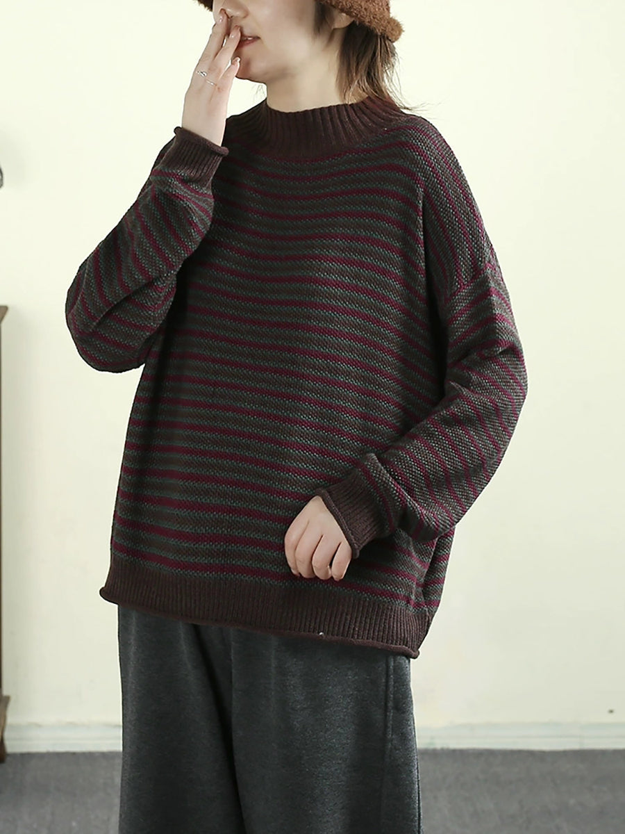 Women Autumn Artsy Stripe Half-Turtleneck Cotton Sweater