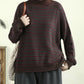 Women Autumn Artsy Stripe Half-Turtleneck Cotton Sweater