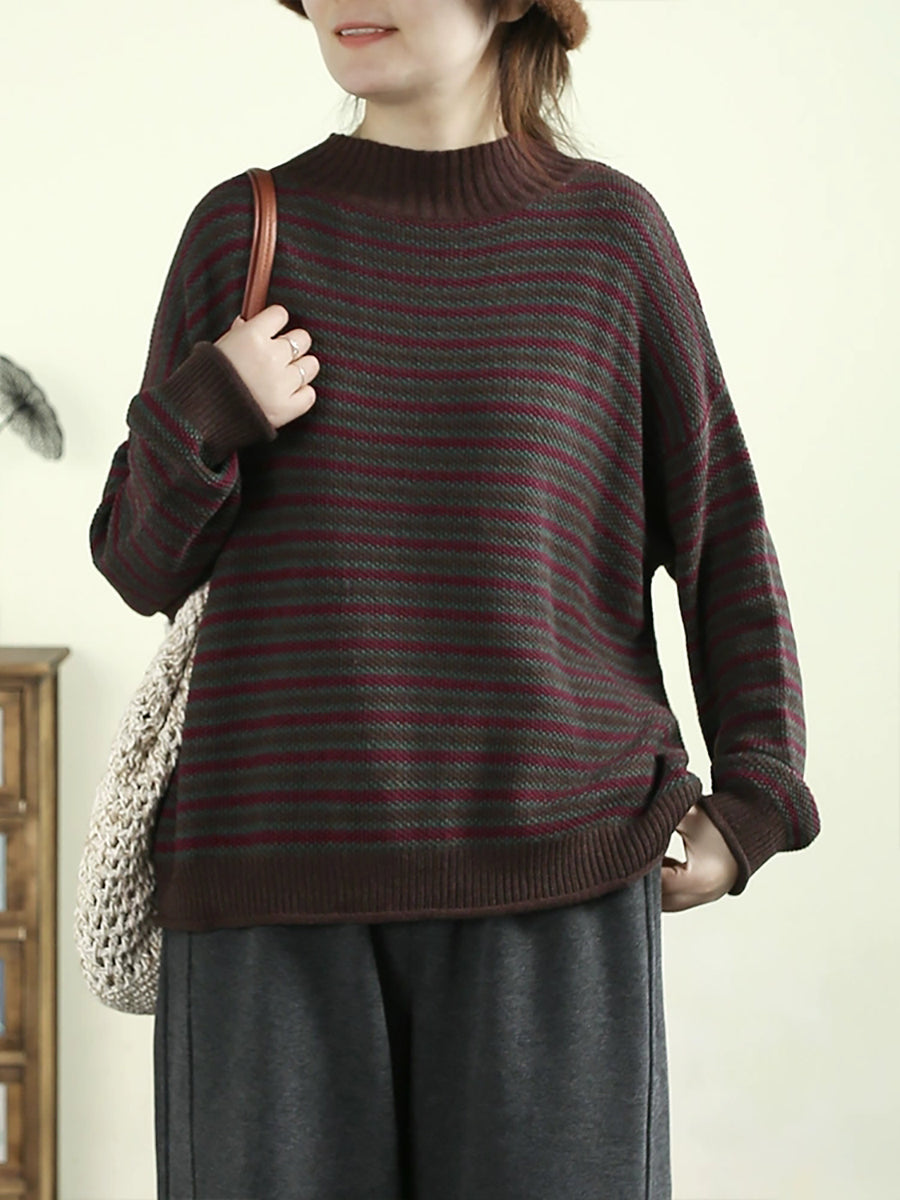 Women Autumn Artsy Stripe Half-Turtleneck Cotton Sweater