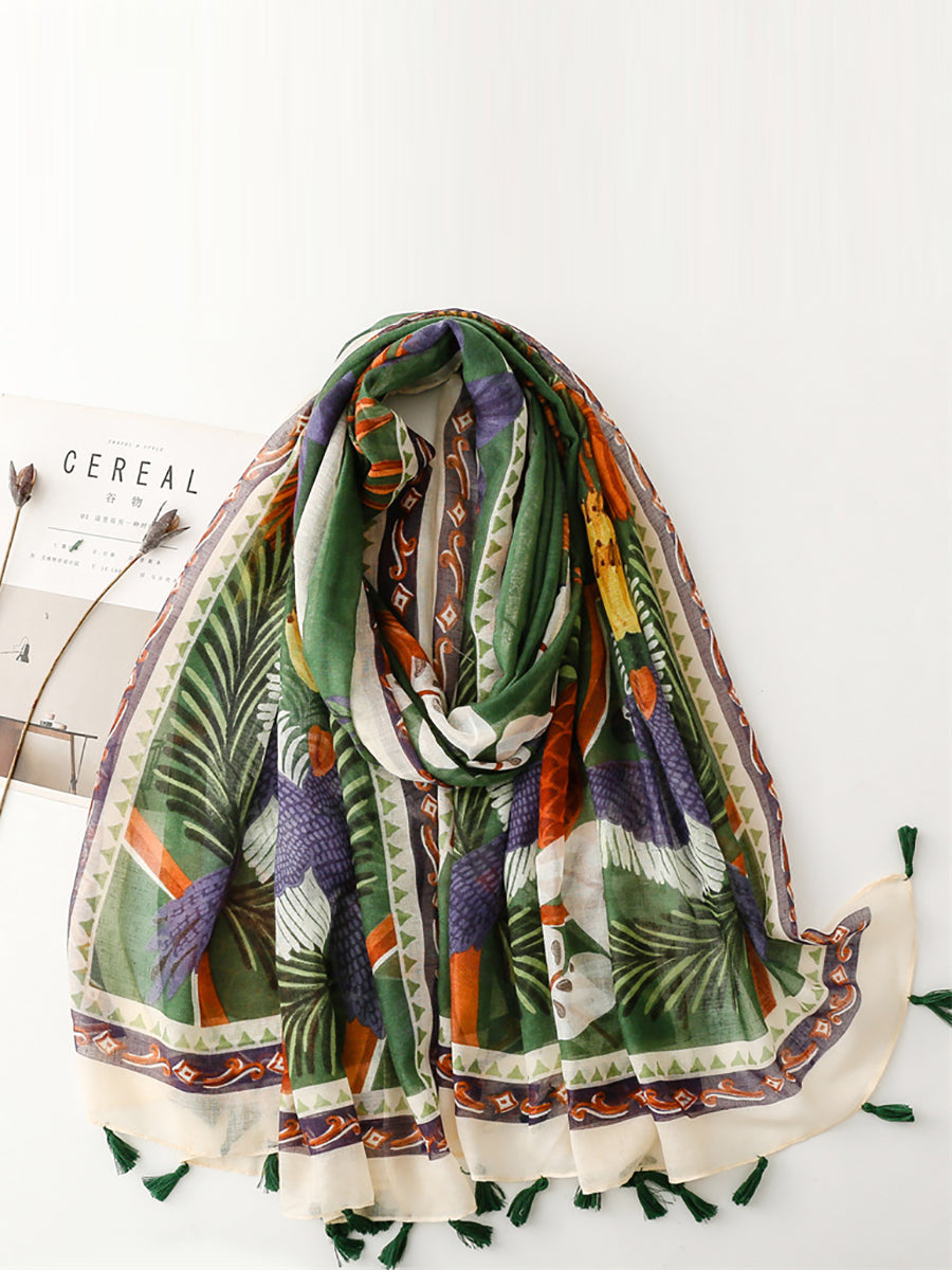 Women Atsy Print Bird Tassel Shawl Scarf