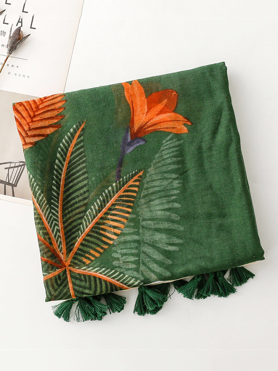 Women Atsy Print Bird Tassel Shawl Scarf