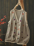 Women Artsy Flower Embroidery V-Neck Knit Vest