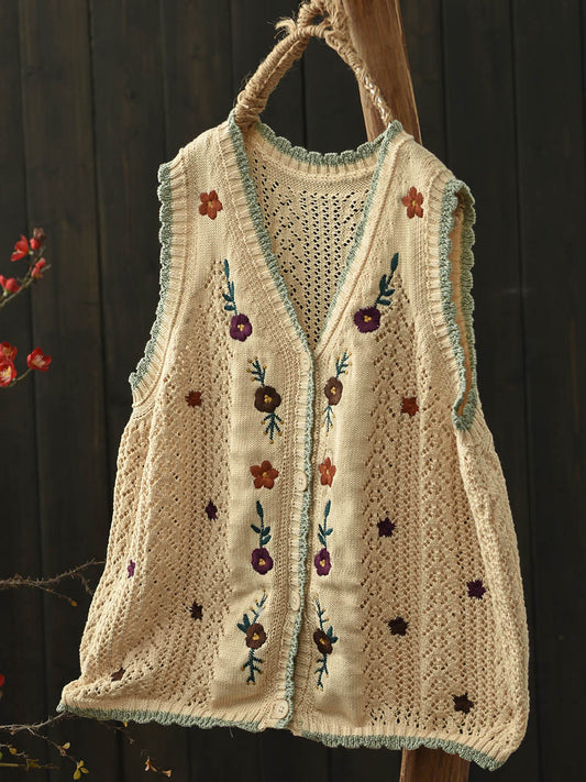 Women Artsy Flower Embroidery V-Neck Knit Vest