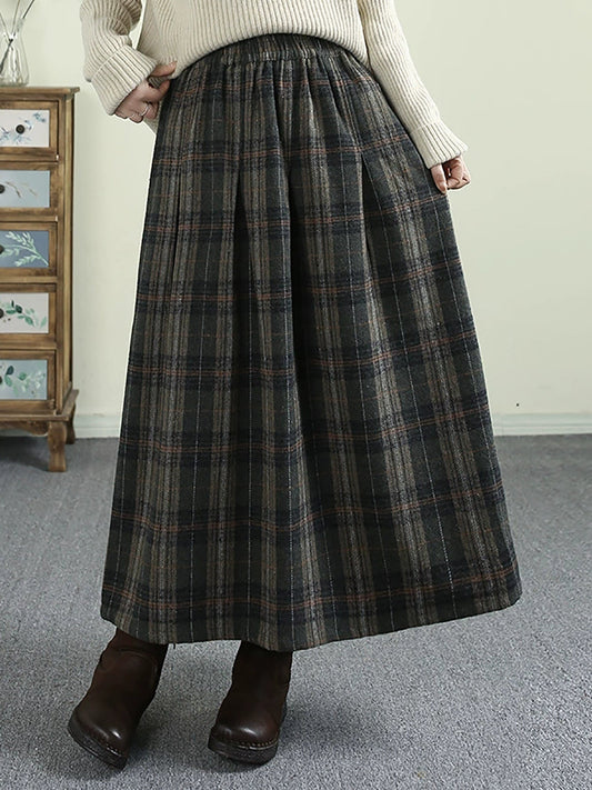 Women Autumn Vintage Plaid Wool A-Shape Skirt