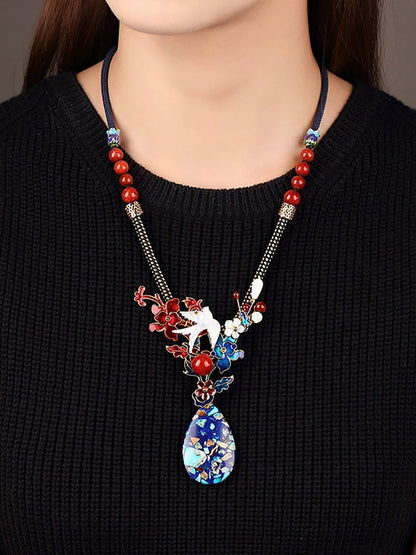 Women Ethnic Shell Cloisonne Alloy Sweater Necklace