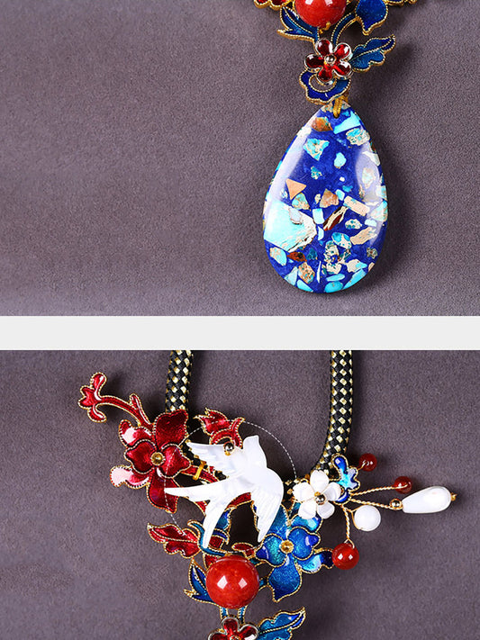 Women Ethnic Shell Cloisonne Alloy Sweater Necklace