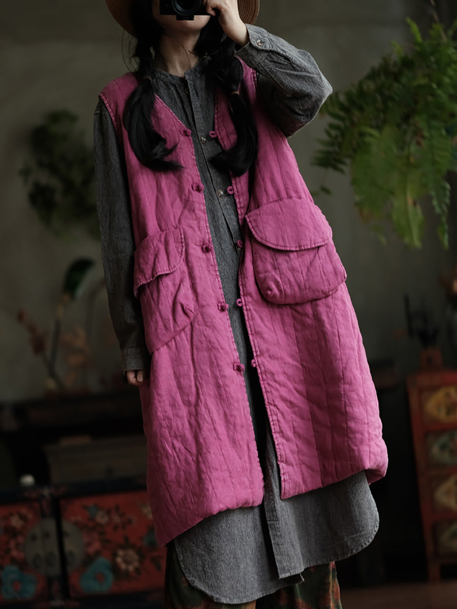 Women Retro Solid V-Neck Buttoned Vest Coat