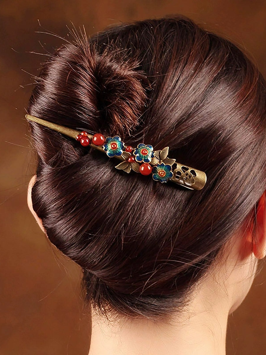 Retro Cloisonne Flower Bead Alloy Hair Clip