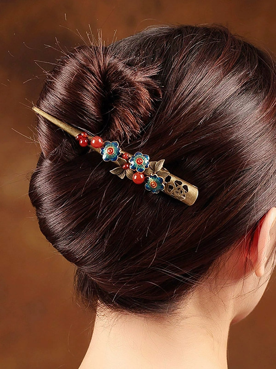 Retro Cloisonne Flower Bead Alloy Hair Clip