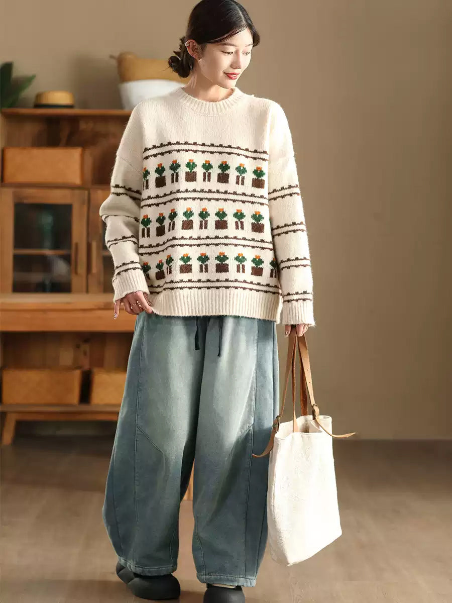 Women Autumn Artsy Jacquard Knit O-Neck Sweater