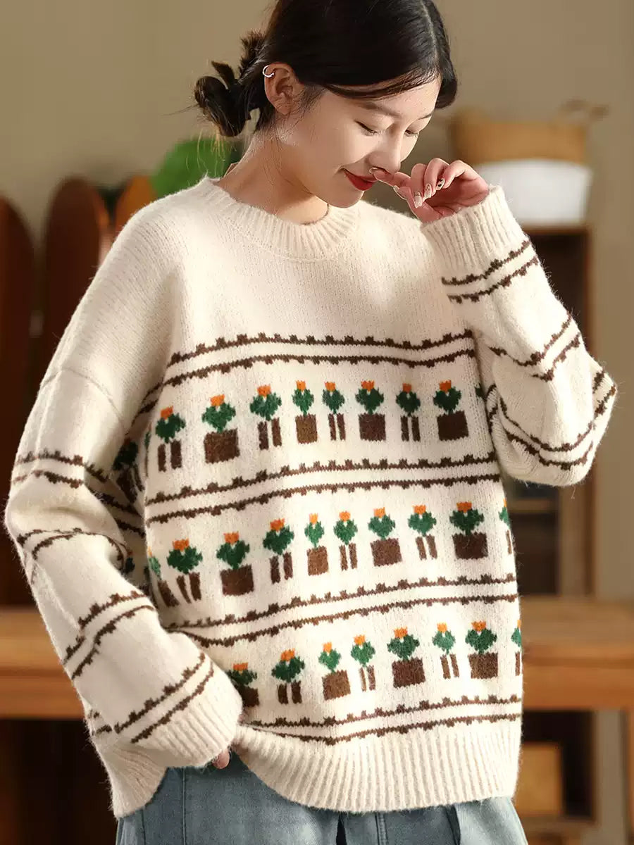 Women Autumn Artsy Jacquard Knit O-Neck Sweater