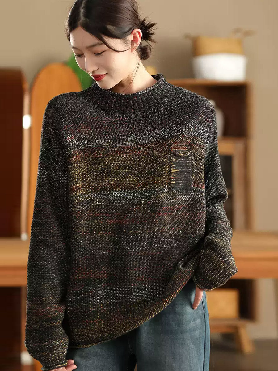 Women Autumn Artsy Colorblock O-Neck Knit Sweater