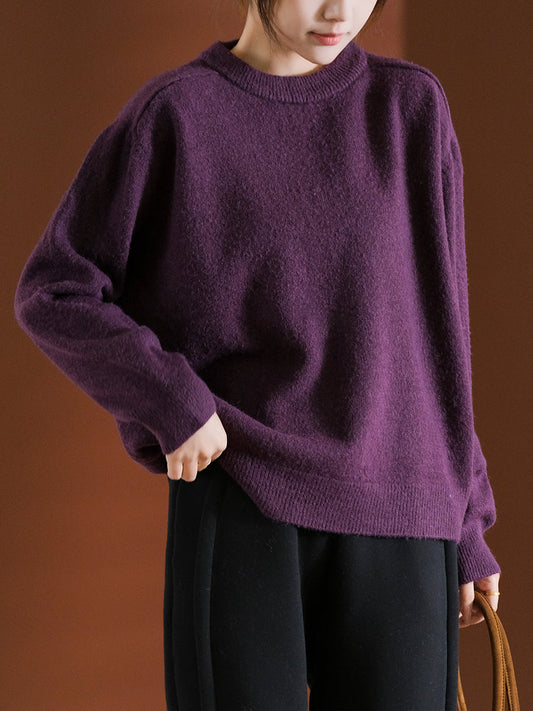 Women Autumn Artsy Solid Knit O-Neck Sweater