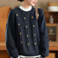 Women Autumn Artsy Flower Jacquard Knit O-Neck Sweater