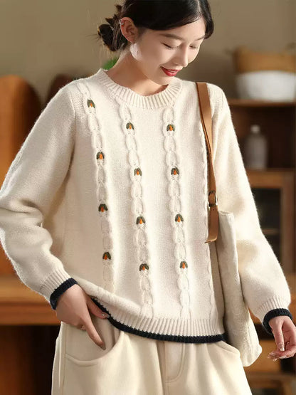 Women Autumn Artsy Flower Jacquard Knit O-Neck Sweater