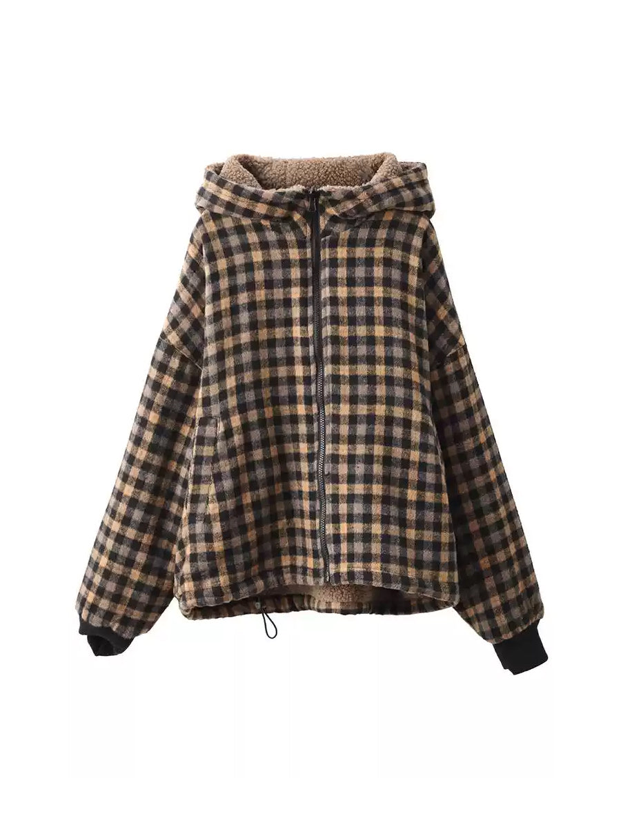 Women Winter Retro Plaid Fleece-lined Hooded Coat