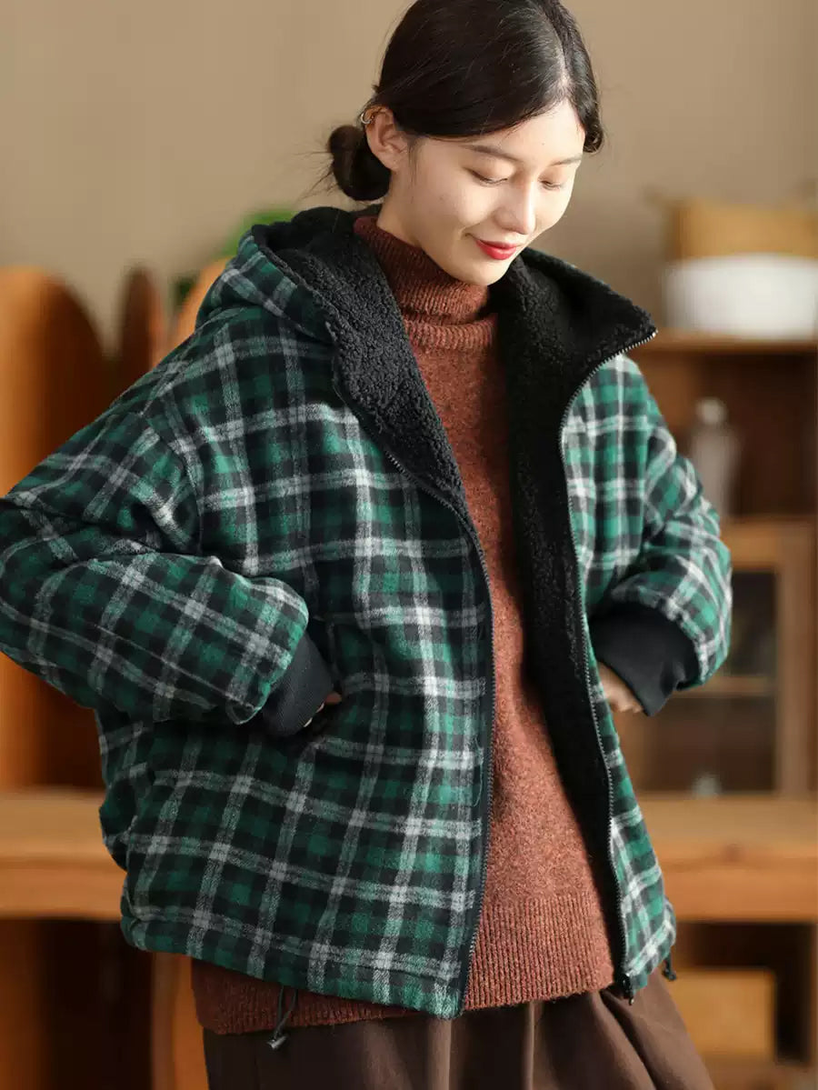 Women Winter Retro Plaid Fleece-lined Hooded Coat