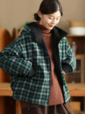 Women Winter Retro Plaid Fleece-lined Hooded Coat