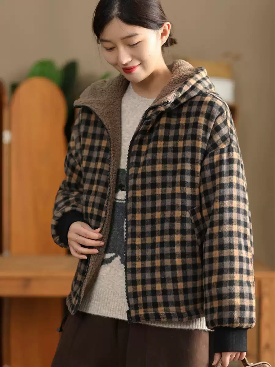 Women Winter Retro Plaid Fleece-lined Hooded Coat