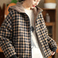 Women Winter Retro Plaid Fleece-lined Hooded Coat