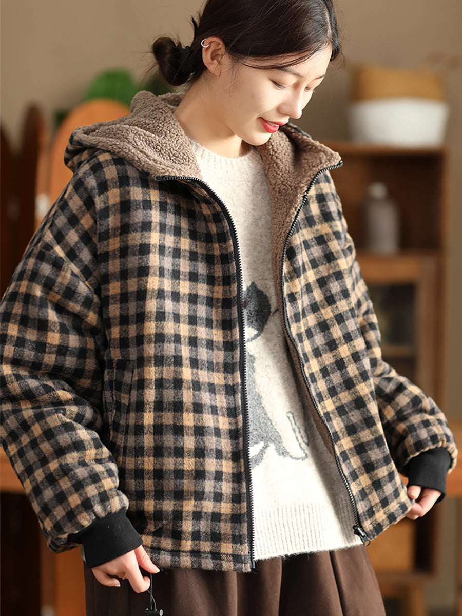 Women Winter Retro Plaid Fleece-lined Hooded Coat