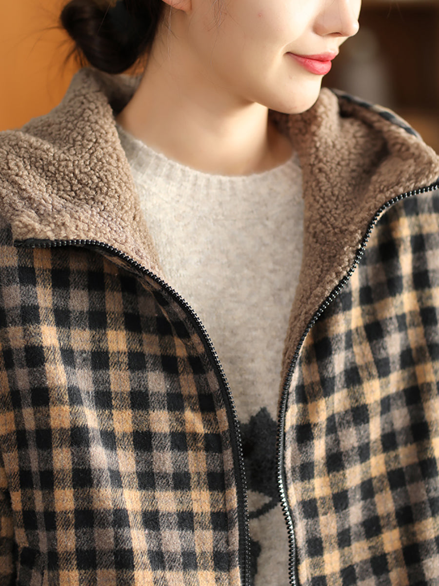 Women Winter Retro Plaid Fleece-lined Hooded Coat