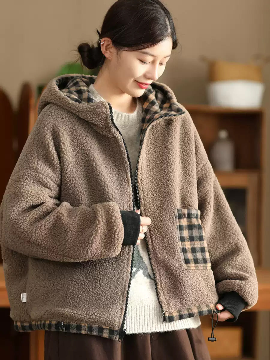 Women Winter Retro Plaid Fleece-lined Hooded Coat