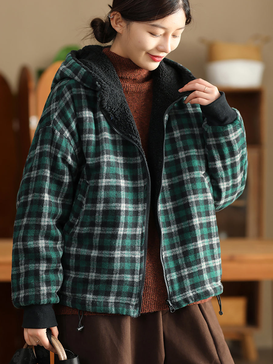 Women Winter Retro Plaid Fleece-lined Hooded Coat