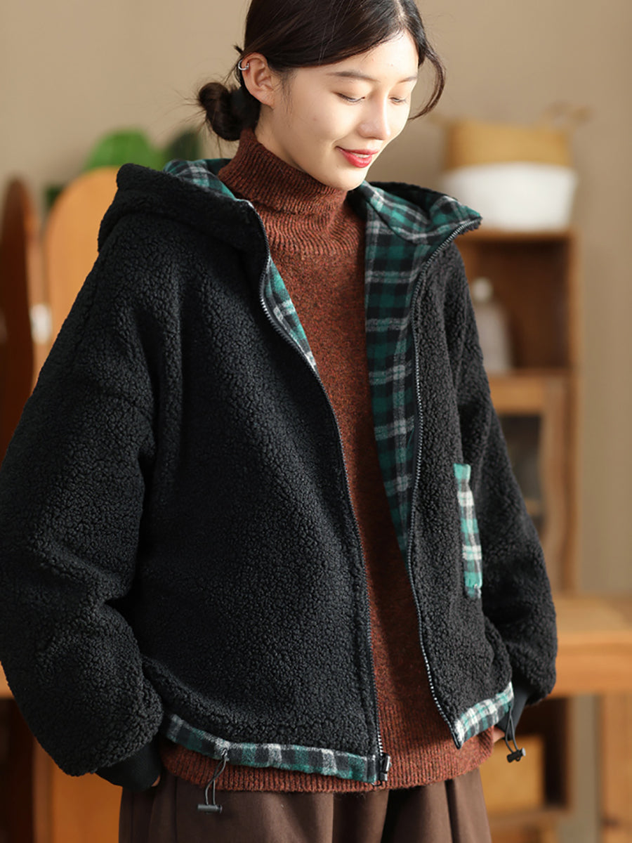 Women Winter Retro Plaid Fleece-lined Hooded Coat