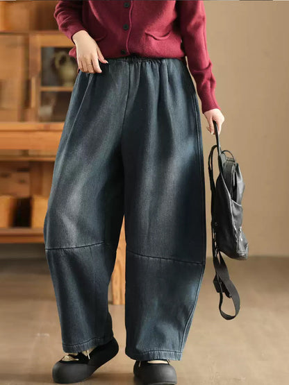 Women Winter Casual Denim Fleece-lined Straight Pants