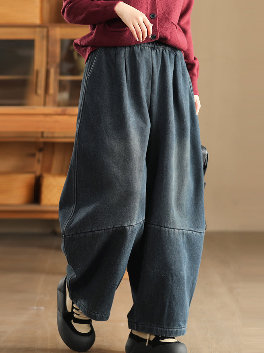 Women Winter Casual Denim Fleece-lined Straight Pants