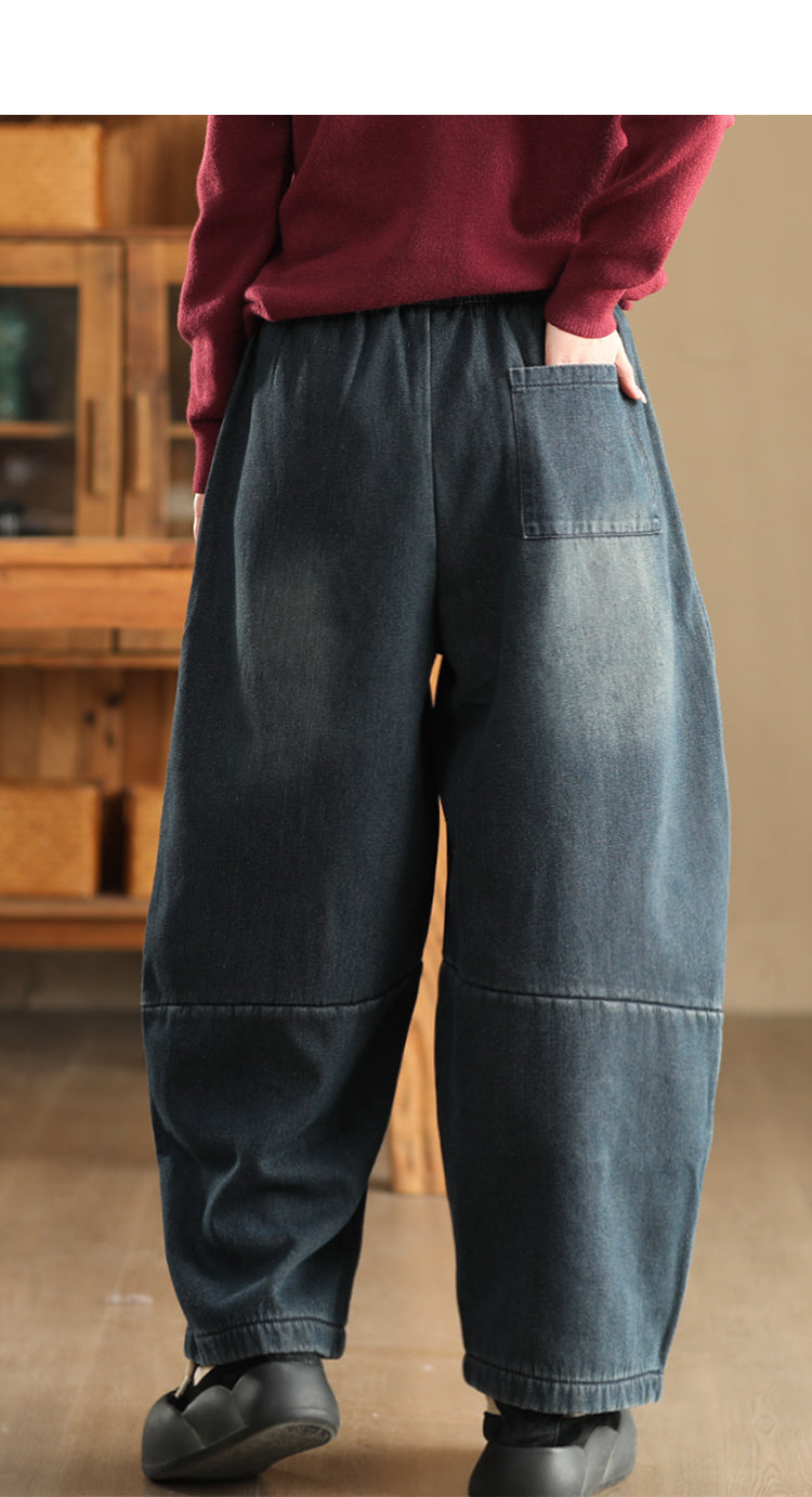 Women Winter Casual Denim Fleece-lined Straight Pants