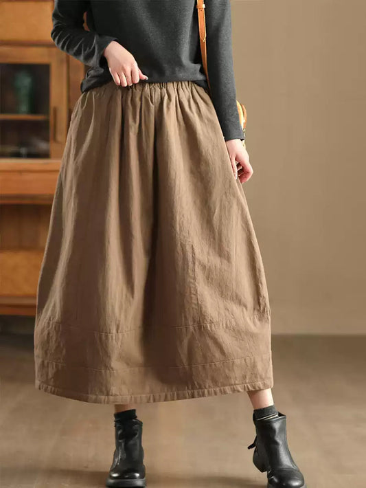 Women Autumn Vintage Solid Linen A-Shape Skirt