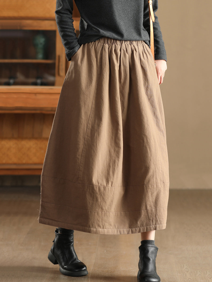 Women Autumn Vintage Solid Linen A-Shape Skirt