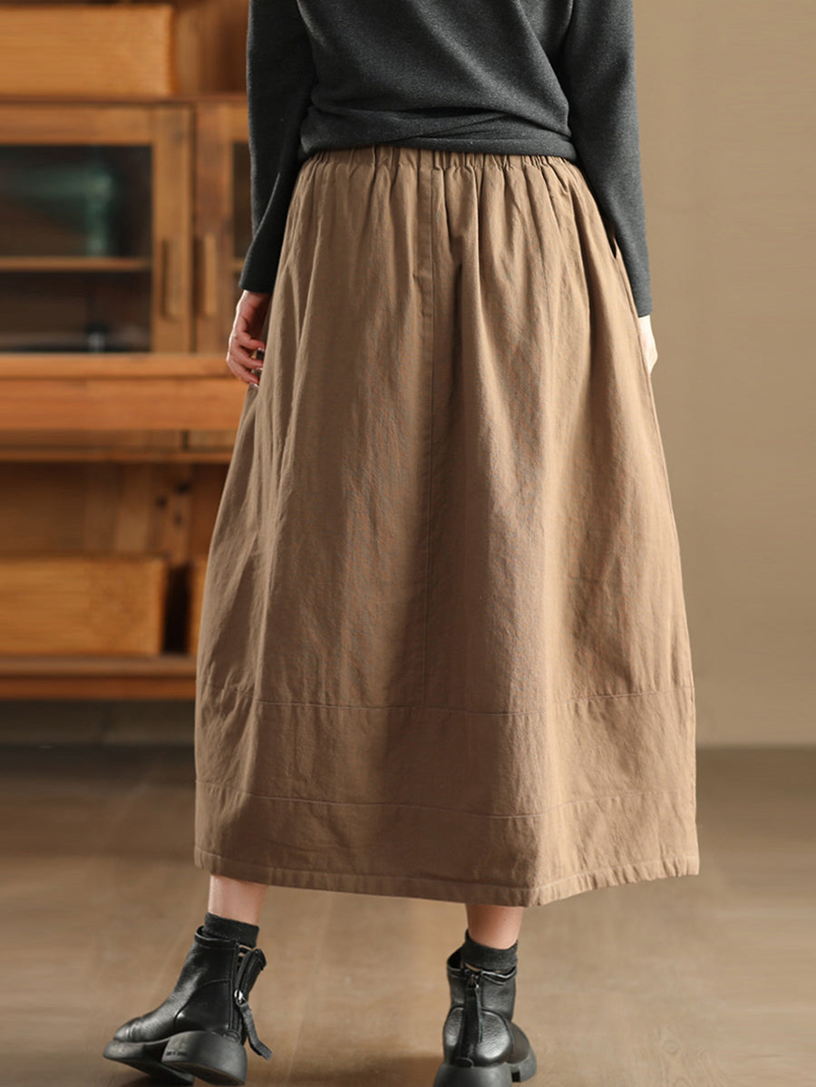 Women Autumn Vintage Solid Linen A-Shape Skirt