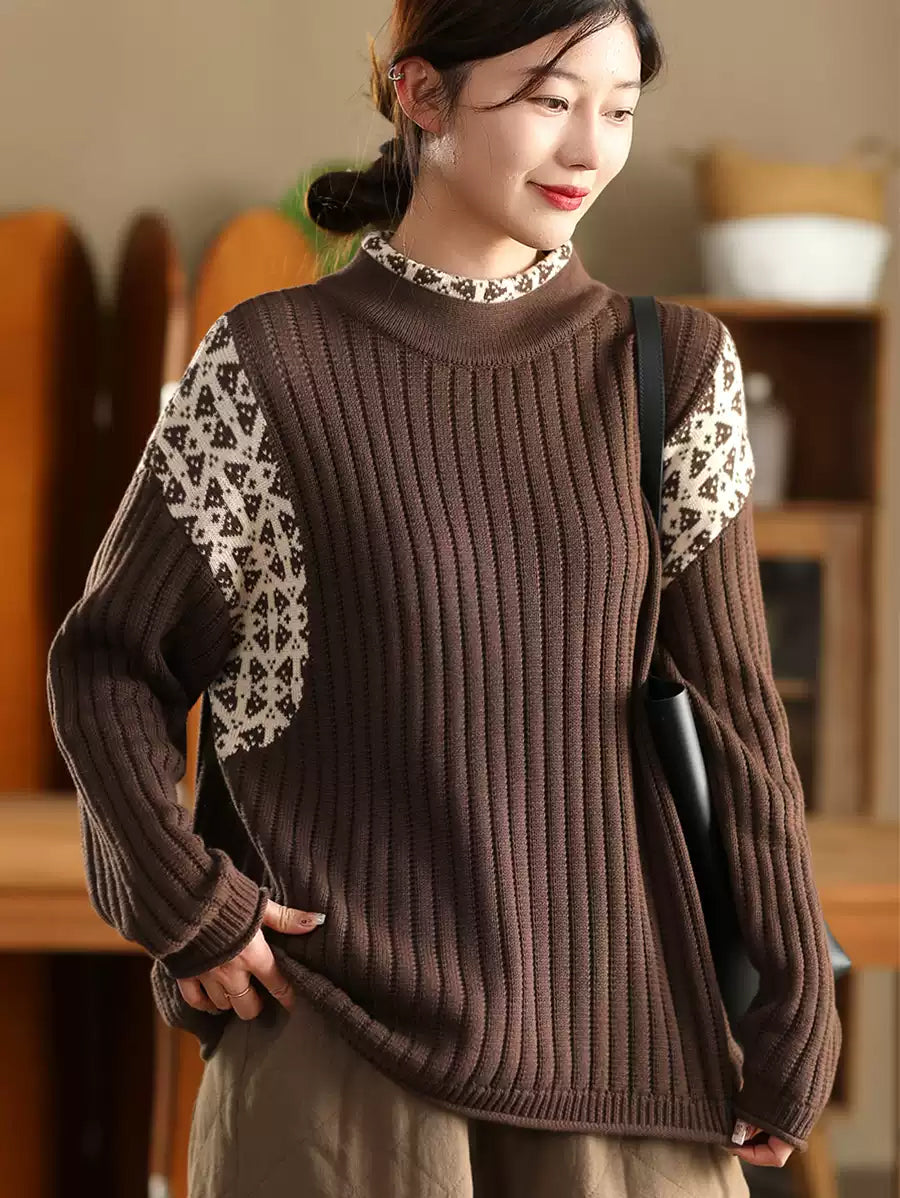 Women Autumn Artsy Half-Turtleneck Spliced Knit Sweater