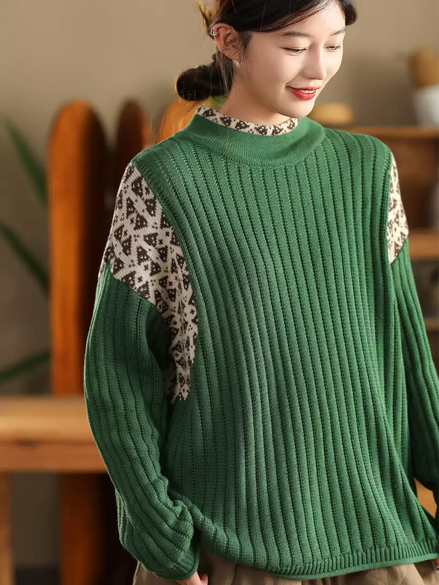 Women Autumn Artsy Half-Turtleneck Spliced Knit Sweater