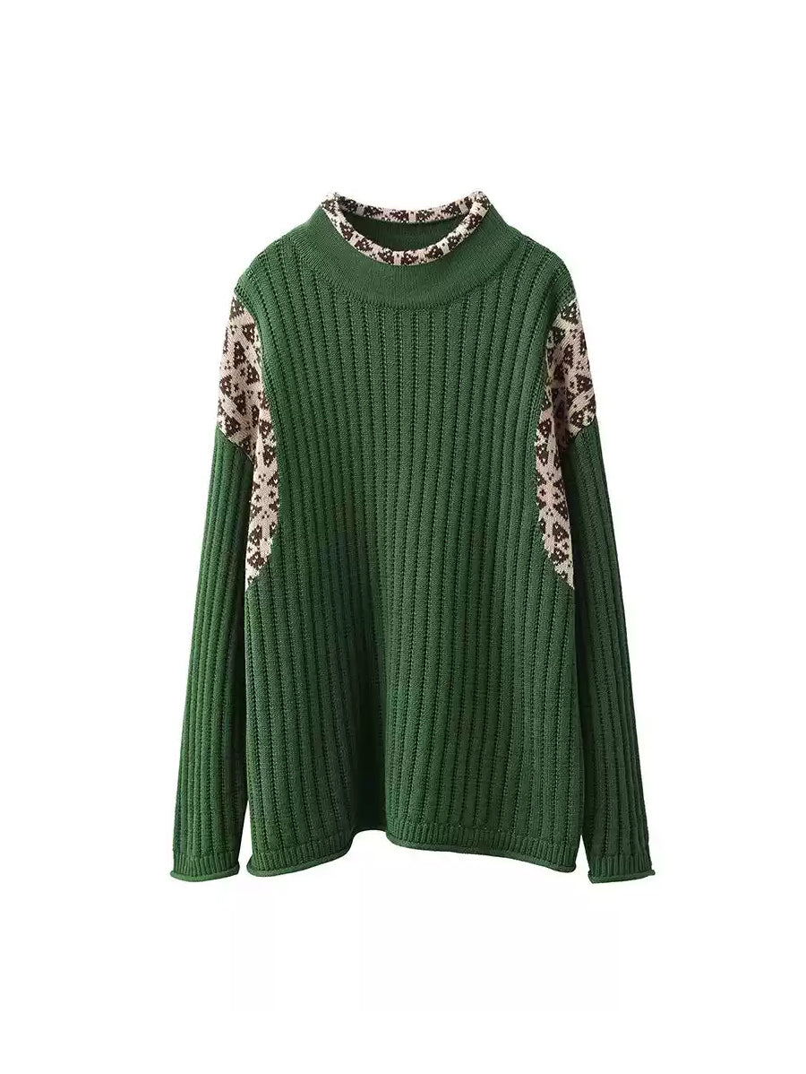 Women Autumn Artsy Half-Turtleneck Spliced Knit Sweater