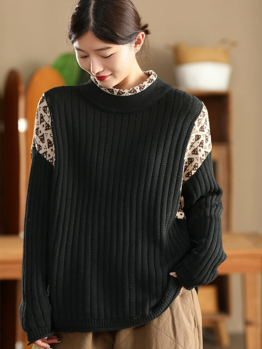 Women Autumn Artsy Half-Turtleneck Spliced Knit Sweater