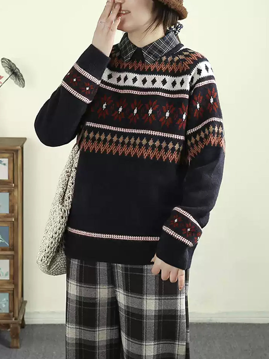 Women Autumn Artsy O-Neck Knit Sweater