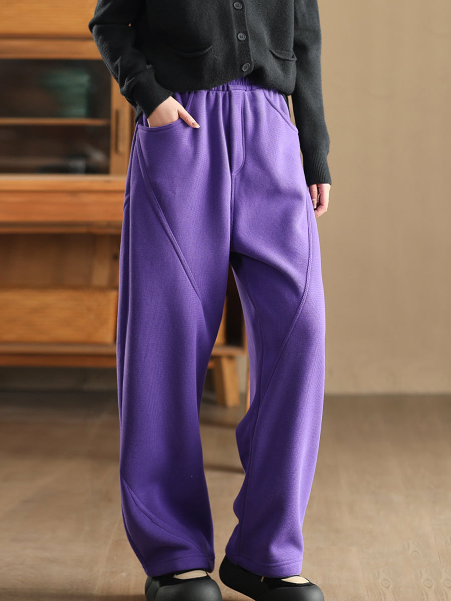 Women Winter Pure Color Fleece-lined Straight Pants