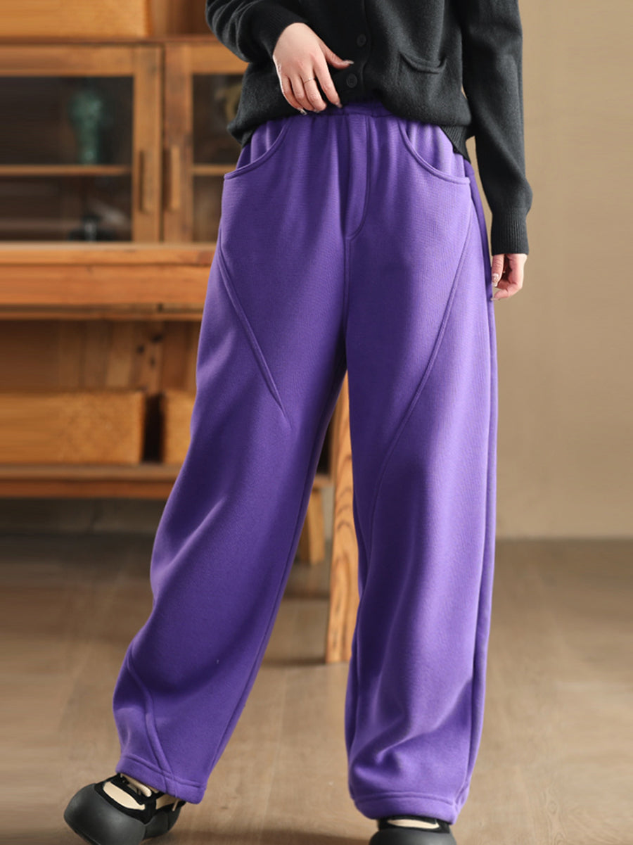 Women Winter Pure Color Fleece-lined Straight Pants