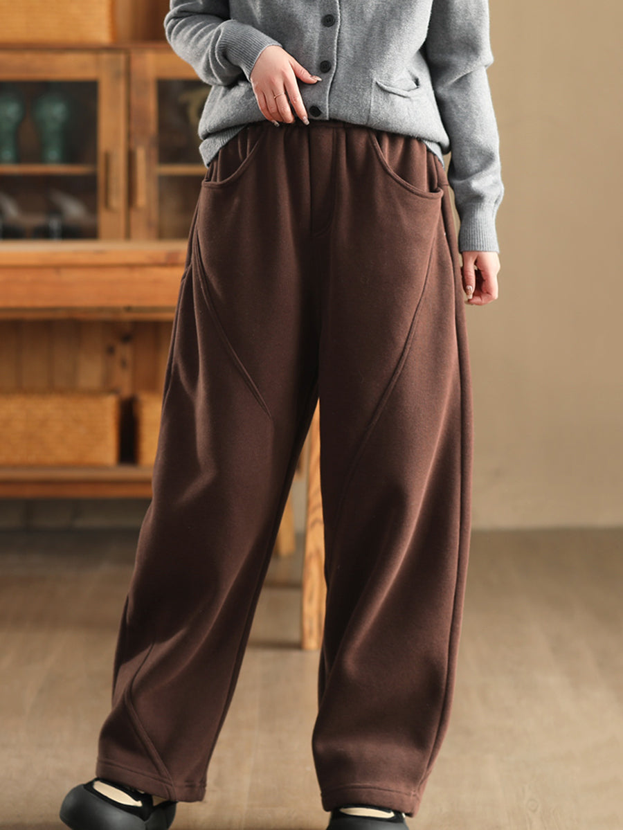 Women Winter Pure Color Fleece-lined Straight Pants