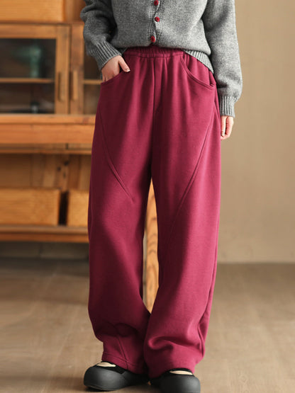 Women Winter Pure Color Fleece-lined Straight Pants