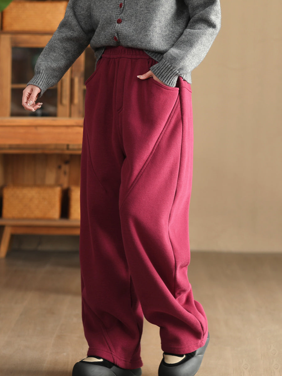 Women Winter Pure Color Fleece-lined Straight Pants