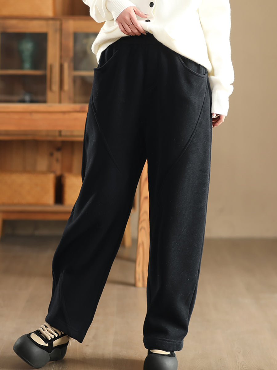 Women Winter Pure Color Fleece-lined Straight Pants