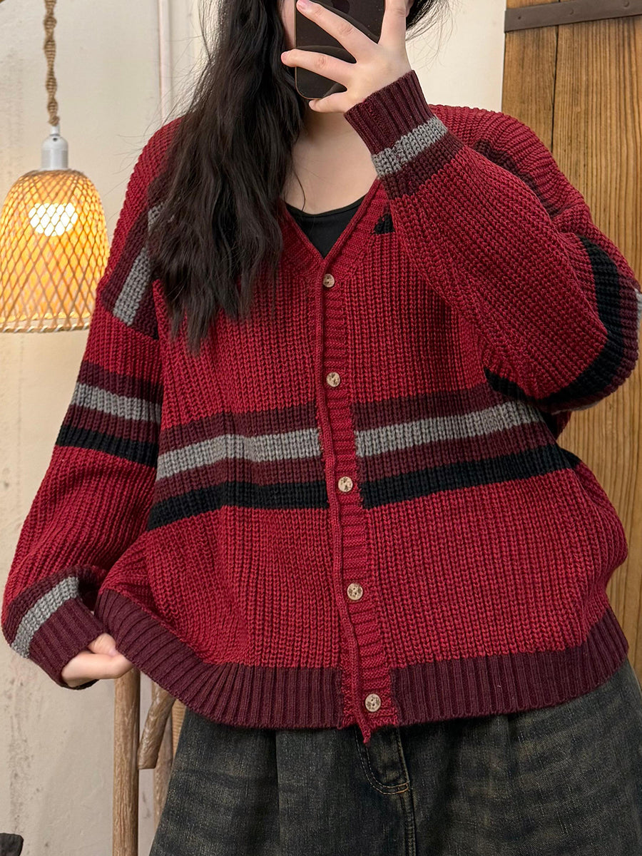 Women Autumn Artsy Colorblock V-Neck Knit Sweater