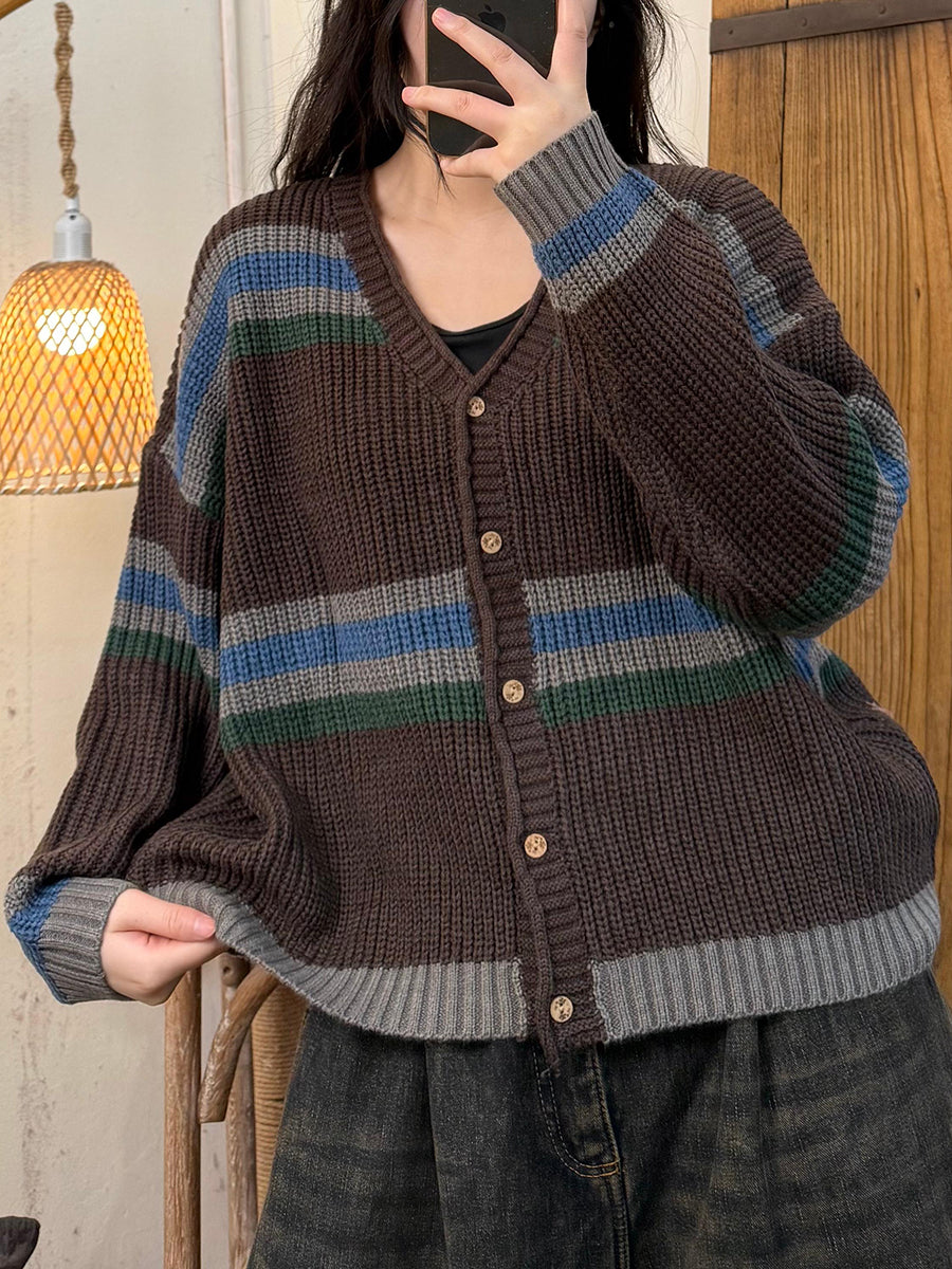 Women Autumn Artsy Colorblock V-Neck Knit Sweater